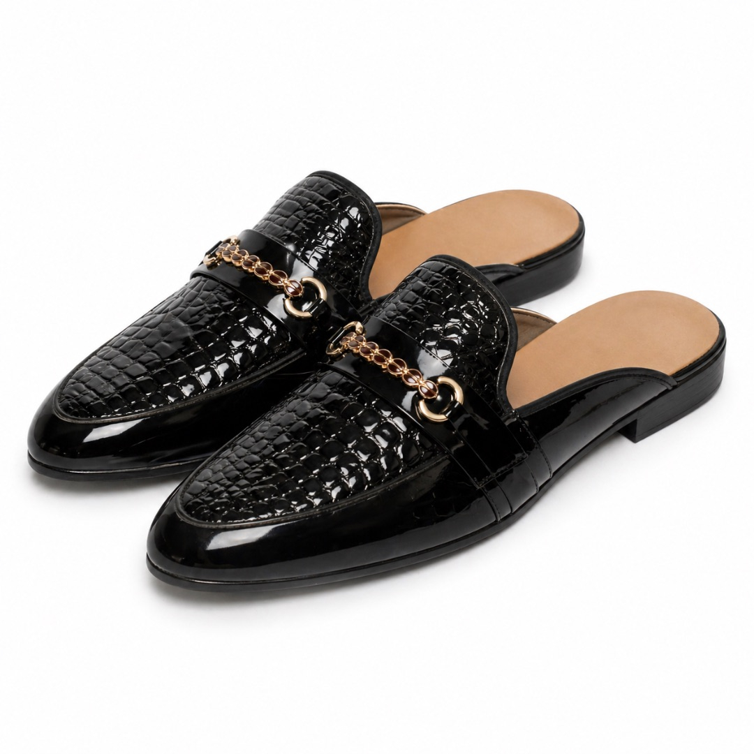 Glossy Black Croc Mule Loafers