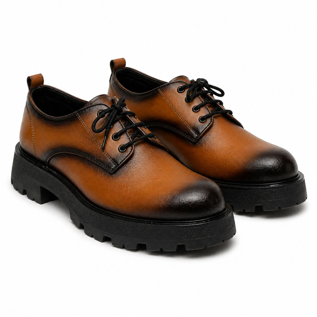 Men Brown Leather Lace Up Shoes with Chunky Sole