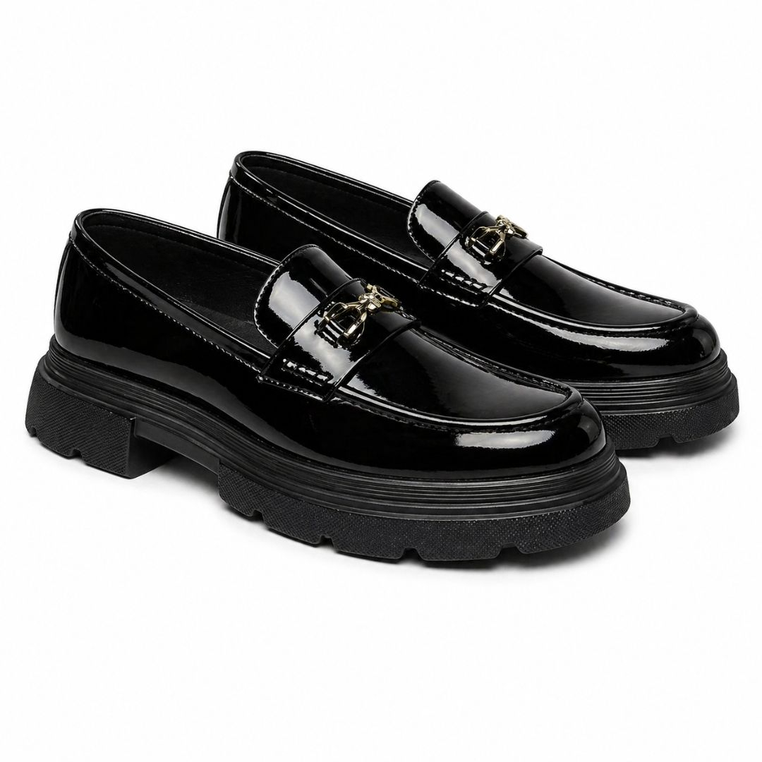 Mens Black Patent Leather Chunky Sole Loafers