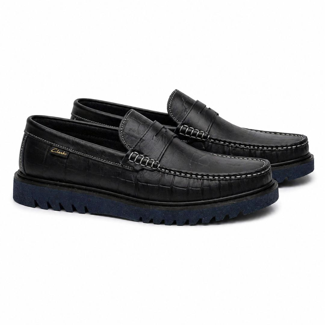 Mens Black Leather Moccasin Loafers with Chunky Sole