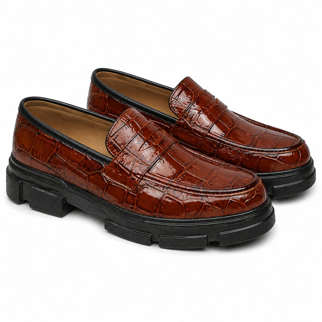 Mens Glossy Crocodile Pattern Leather Loafers