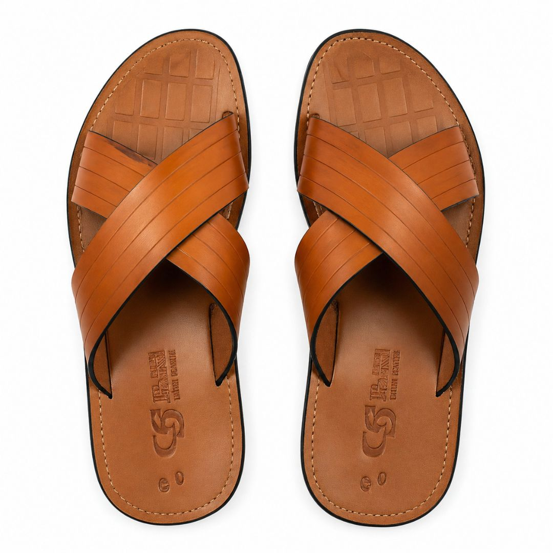 Striped Tan Criss Cross Leather Slide