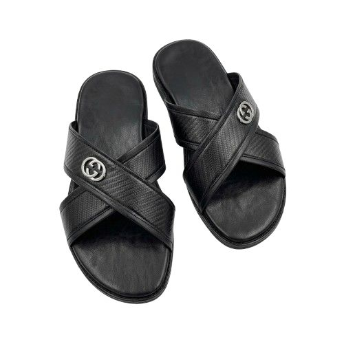 Mens Textured Cross Strap Slides with Silver Emblem