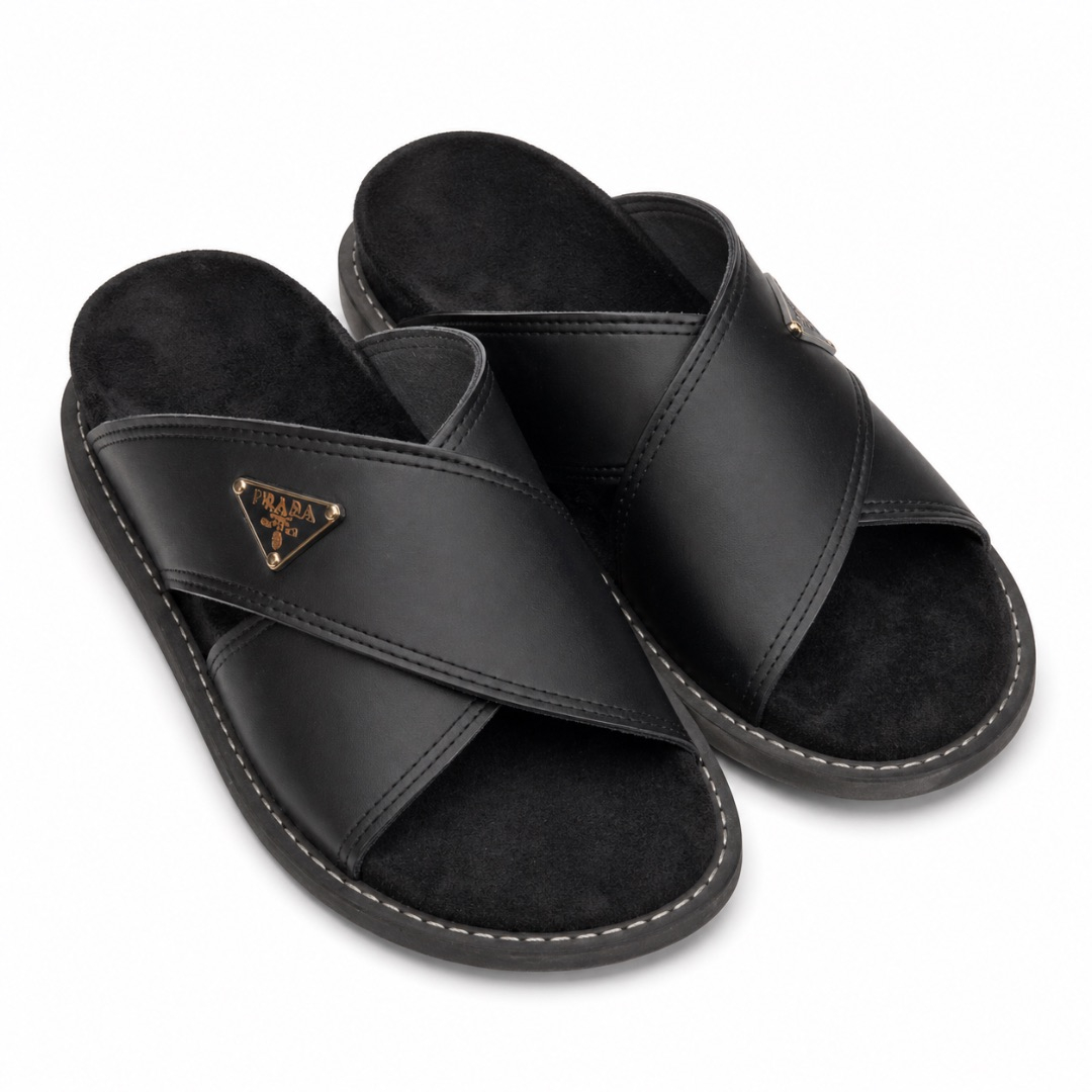 Premium Black Minimalist Cross Strap Slide Sandals