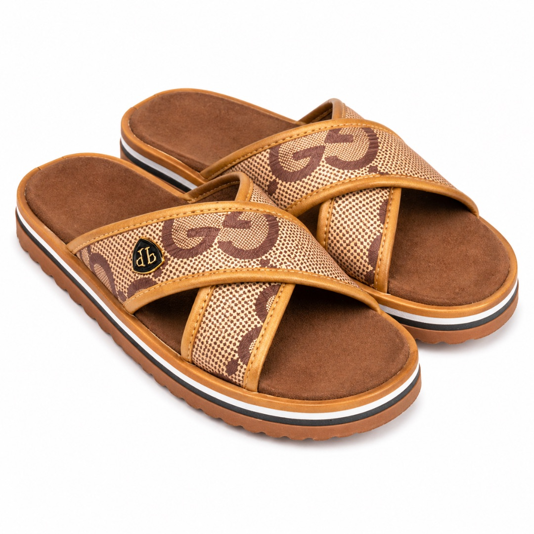 Quality Men Brown Designer Monogram Cross Strap Slides