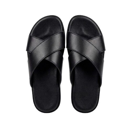 Mens Smooth Black Cross Strap Slides