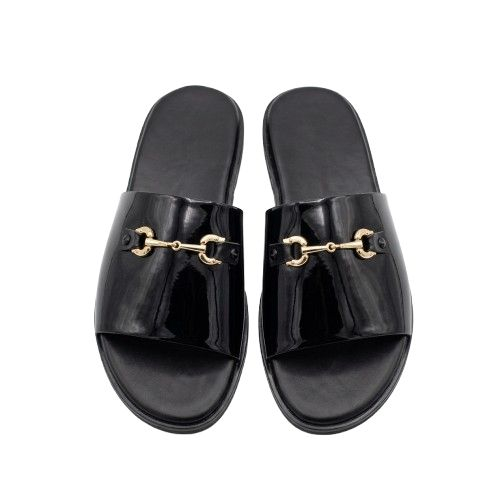 Mens Glossy Black Slides with Gold Tone Horsebit Detail