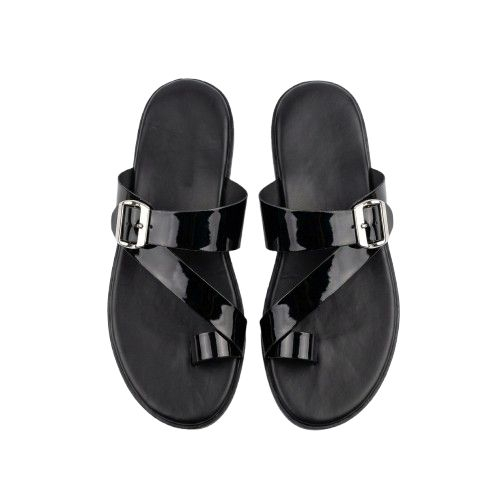 Mens Glossy Asymmetric Strap Sandals with Silver Buckle