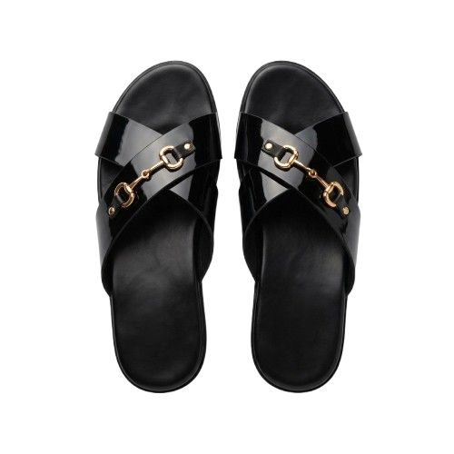 Mens Glossy Cross Strap Slides with Gold Horsebit Detail