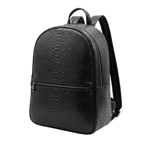 Black Snakeskin Patterned Backpack with Metallic Detail