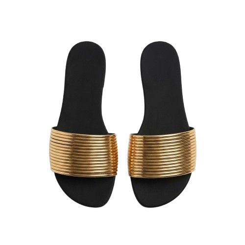 Metallic Ribbed Strap Flat Slide Sandals