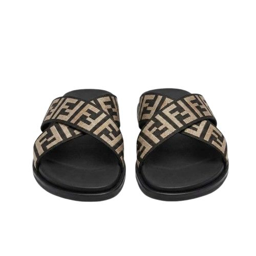 Black Cross Strap Slide Sandals with Geometric Pattern