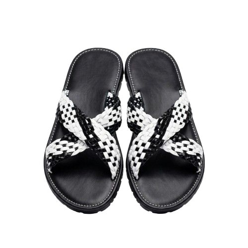 Premium Leather Woven Checkered Crossover Slide Sandals