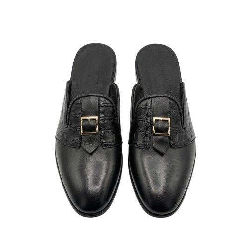 Mens Black Croc Embossed Buckle Mule Loafers