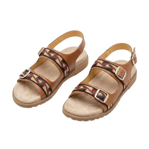 Tan Leather Multi Strap Sandals with Patterned Trim