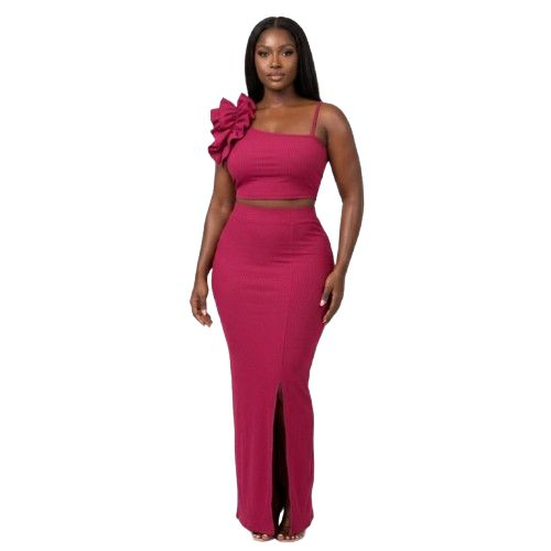 One Shoulder Ruffle Top and High Slit Midi Skirt Set