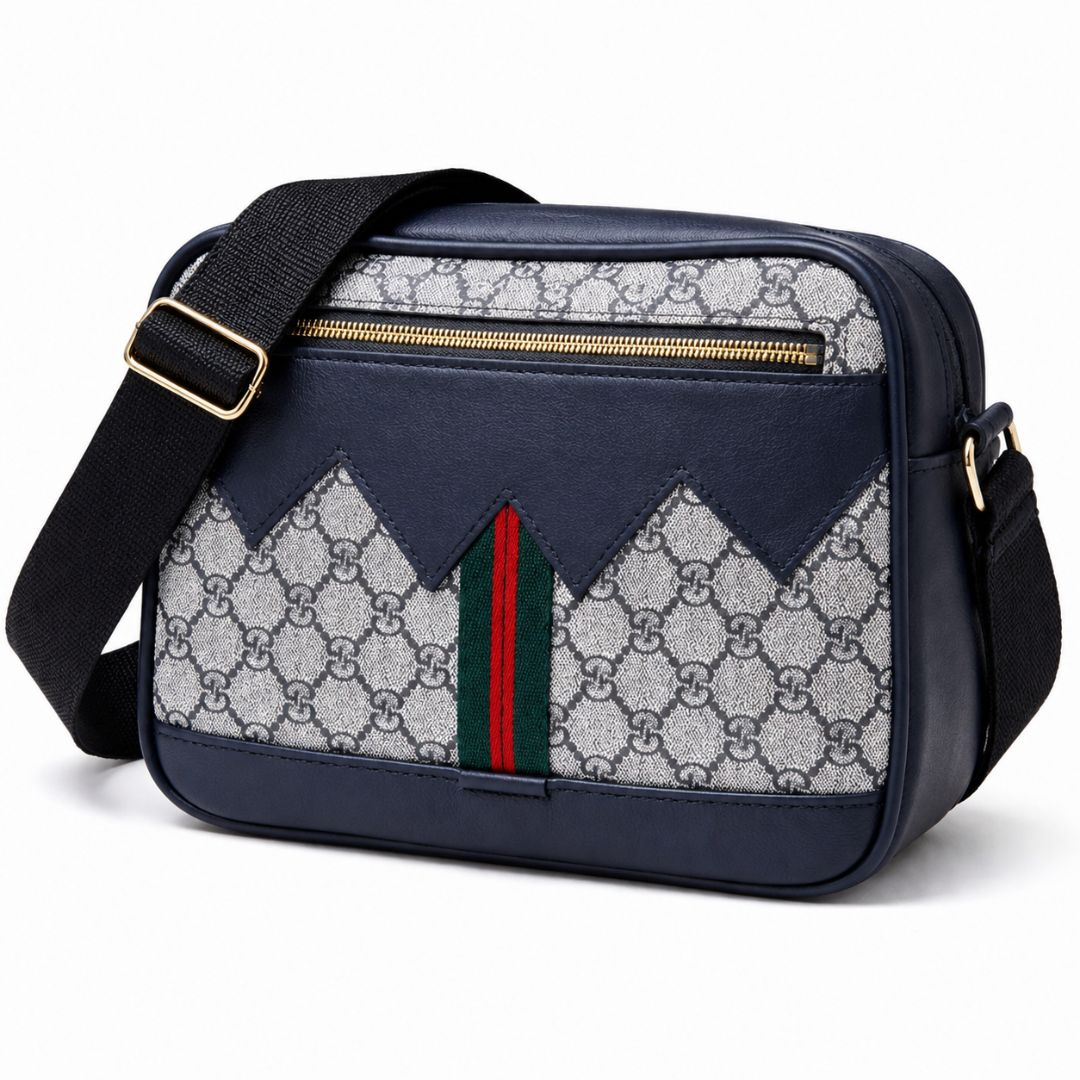 Monogram Crossbody Shoulder Bag with Stripe Detail         Blue