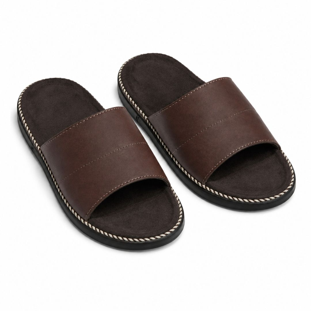 Mens Brown SlipOn Slippers with Decorative Buckle