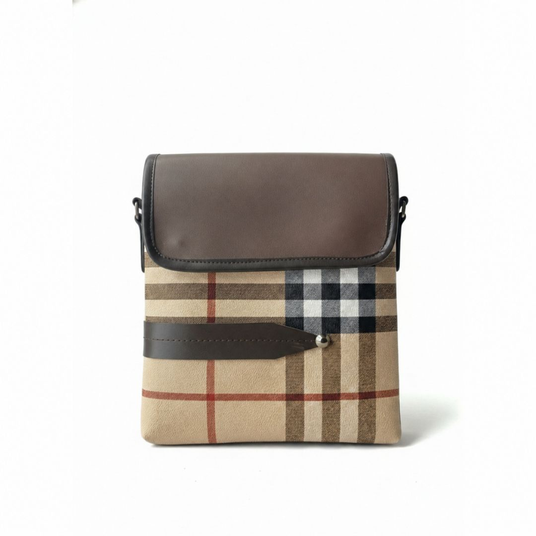 Stylish Crossbody Bag with Plaid Pattern and Brown Flap