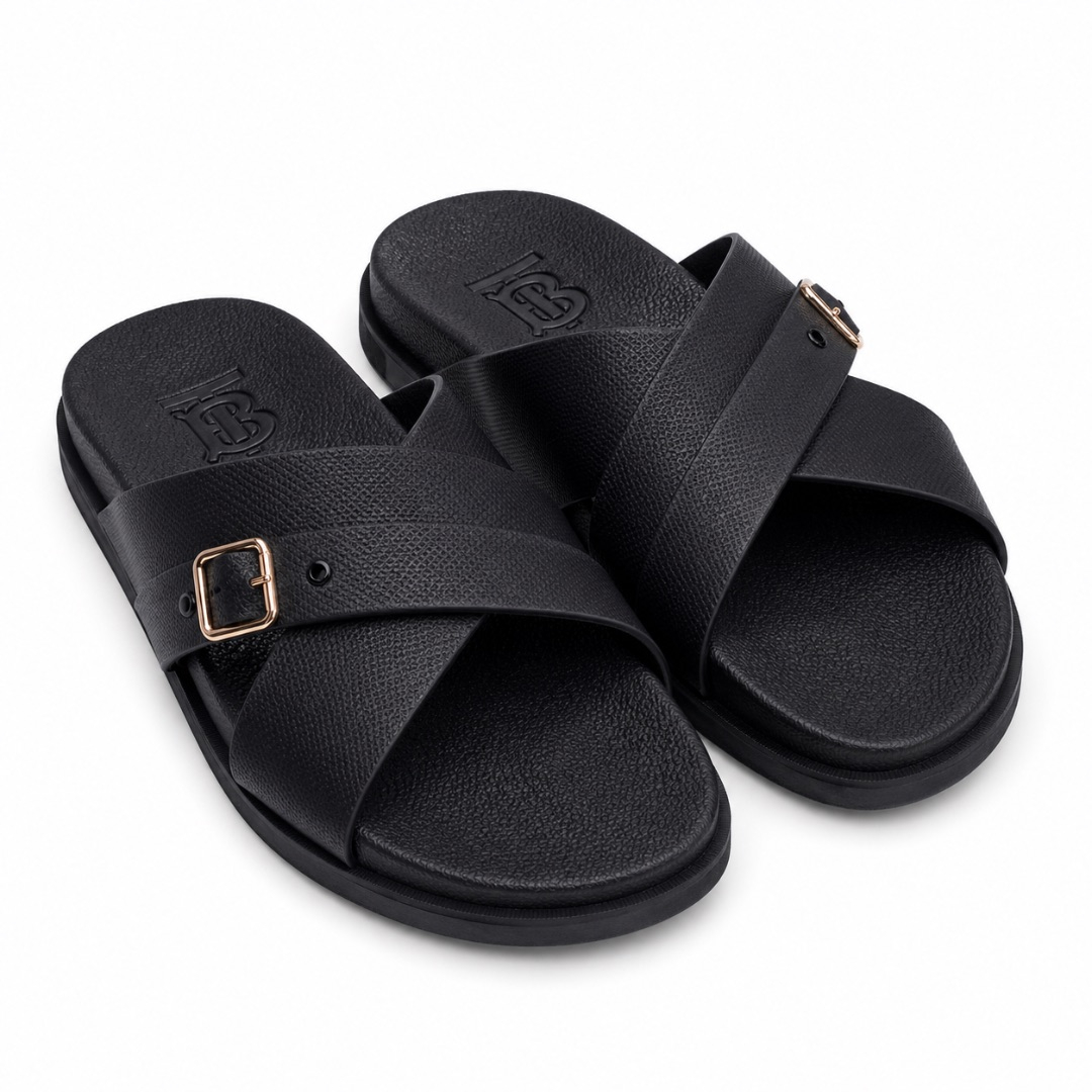 Mens Cross Strap Leather Slide Sandals with Buckle Detail