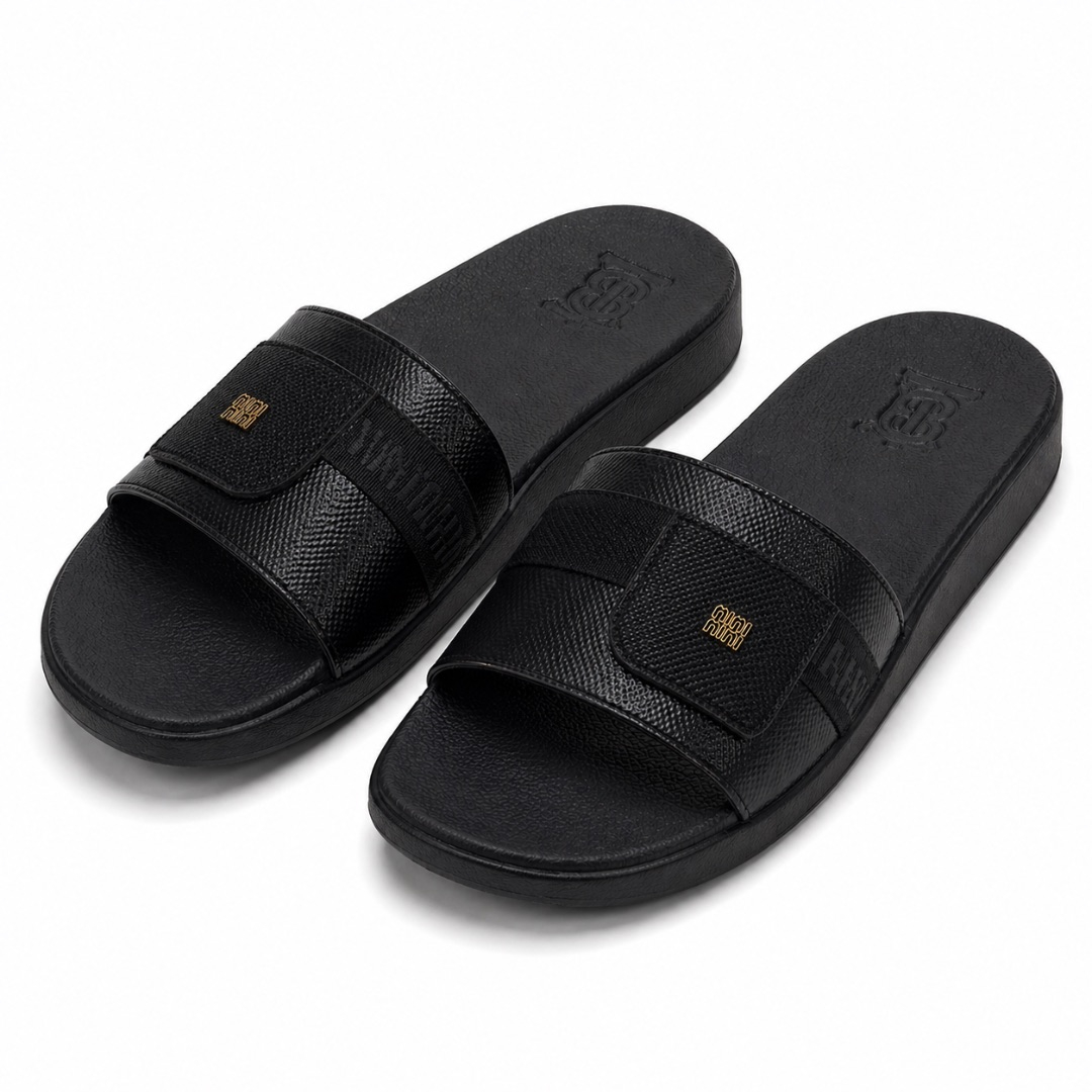 Mens Textured Black Logo Strap Slide Sandals