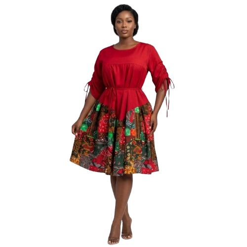 Red Flutter Sleeve Dress with Patterned Border Hem