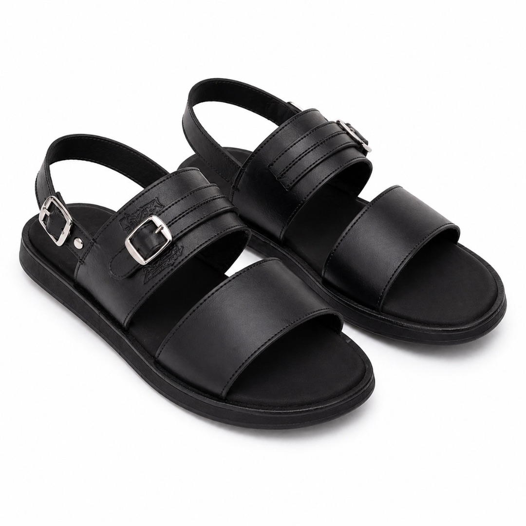 Mens Double Strap Leather Slide Sandals with Buckle Detail