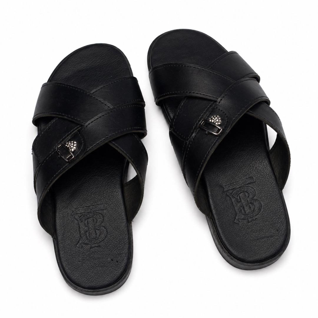 Mens Layered Multi Strap Leather Slide Sandals