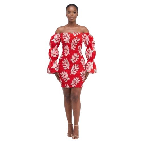 Stylish Off Shoulder Red Dress with White Leaf Patterns
