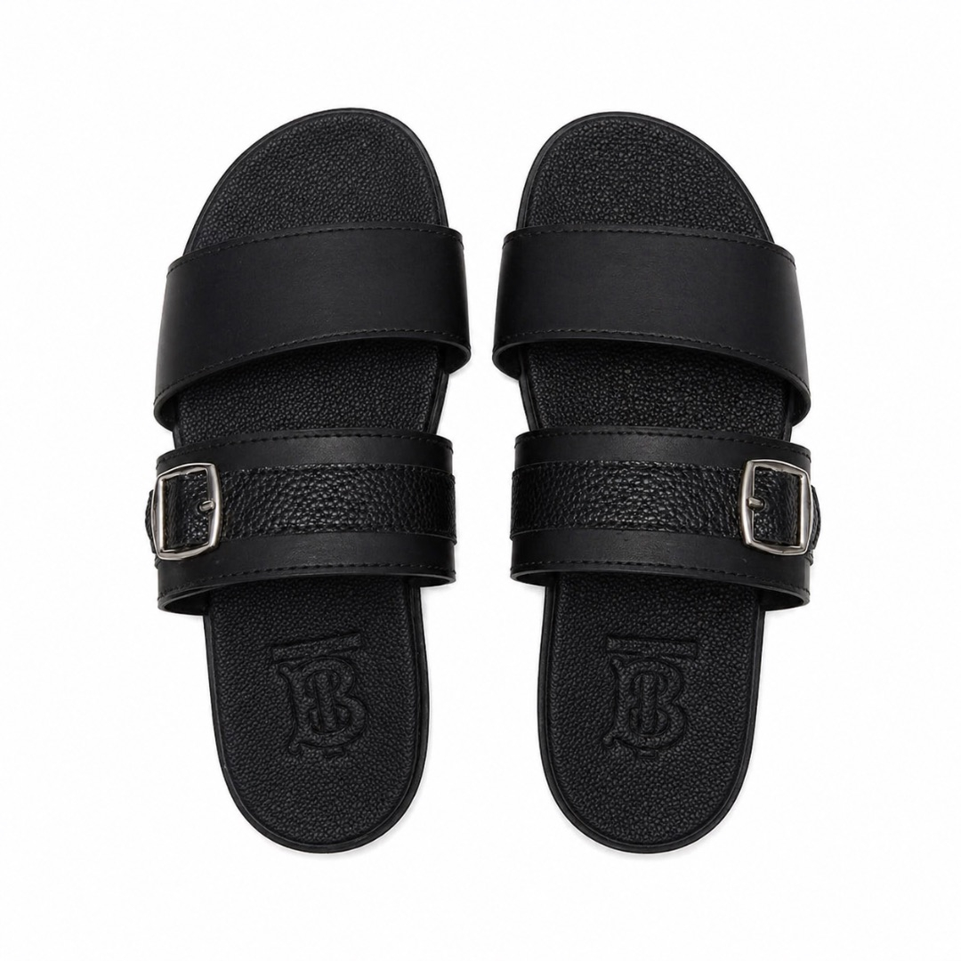 Mens Black Double Strap Leather Slide  Sandals
