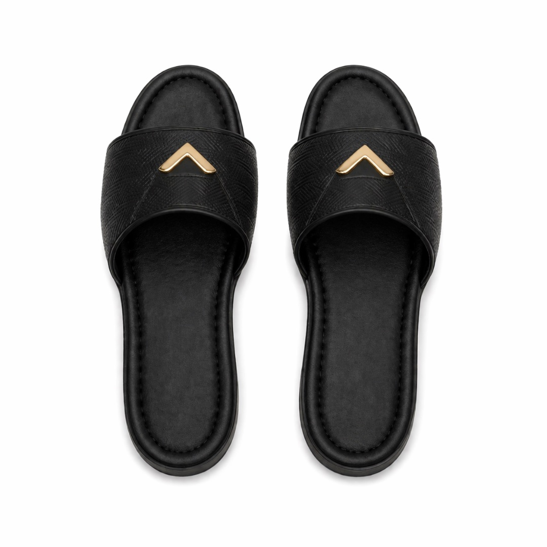 Quality Women Leather Slide Slippers with Gold Accent