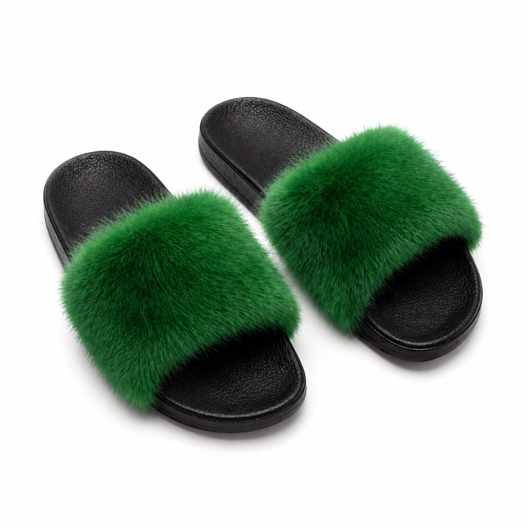 Quality women Green Plush Fluffy Strap Casual Slip On Sandals