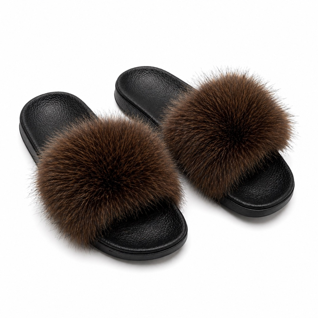 Quality women Brown Plush Fluffy Strap Casual Slip On Sandals