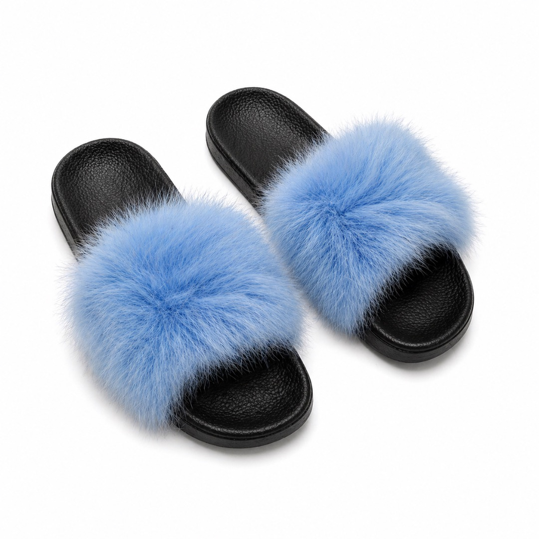 Quality women Light Blue Plush Fluffy Strap Casual Slip On Sandals