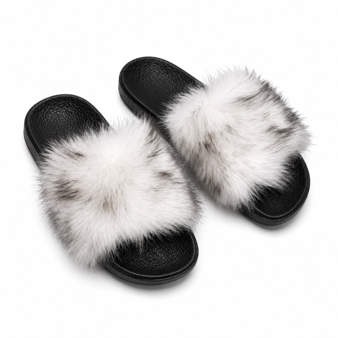 Quality women White and Grey Plush Fluffy Strap Casual Slip On Sandal