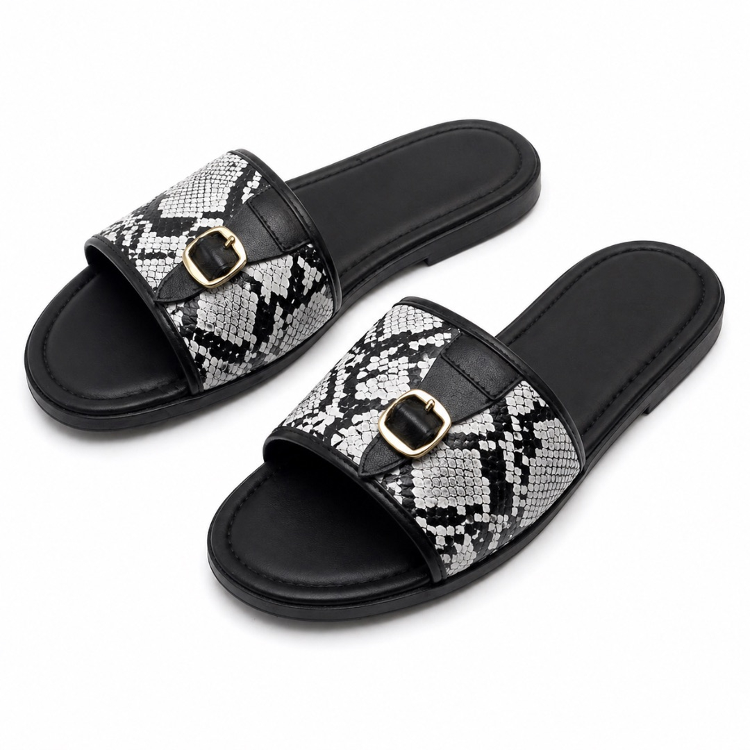 Quality women Black and White Textured Strap Buckle Casual Slip on