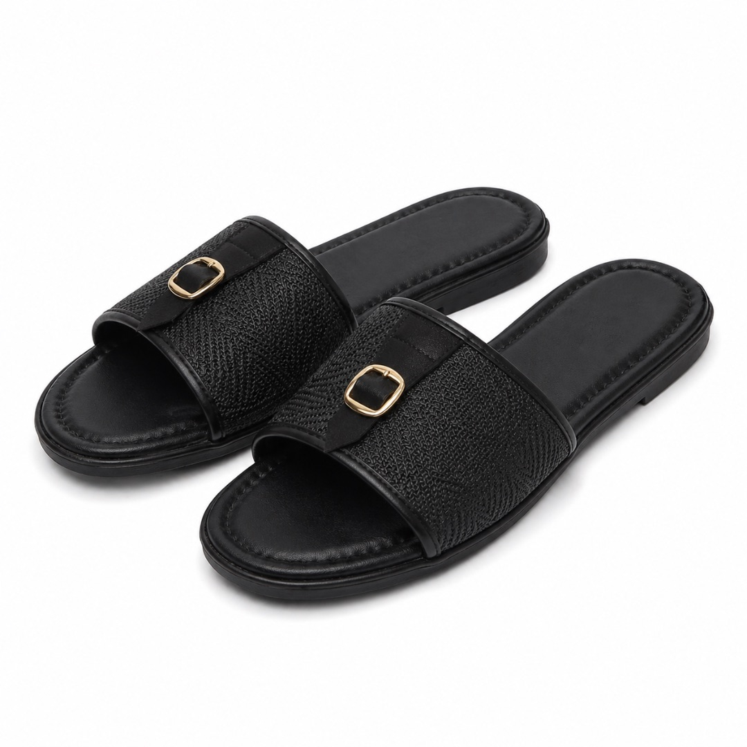 Quality women Black Buckle Detail Casual Slip On Sandals