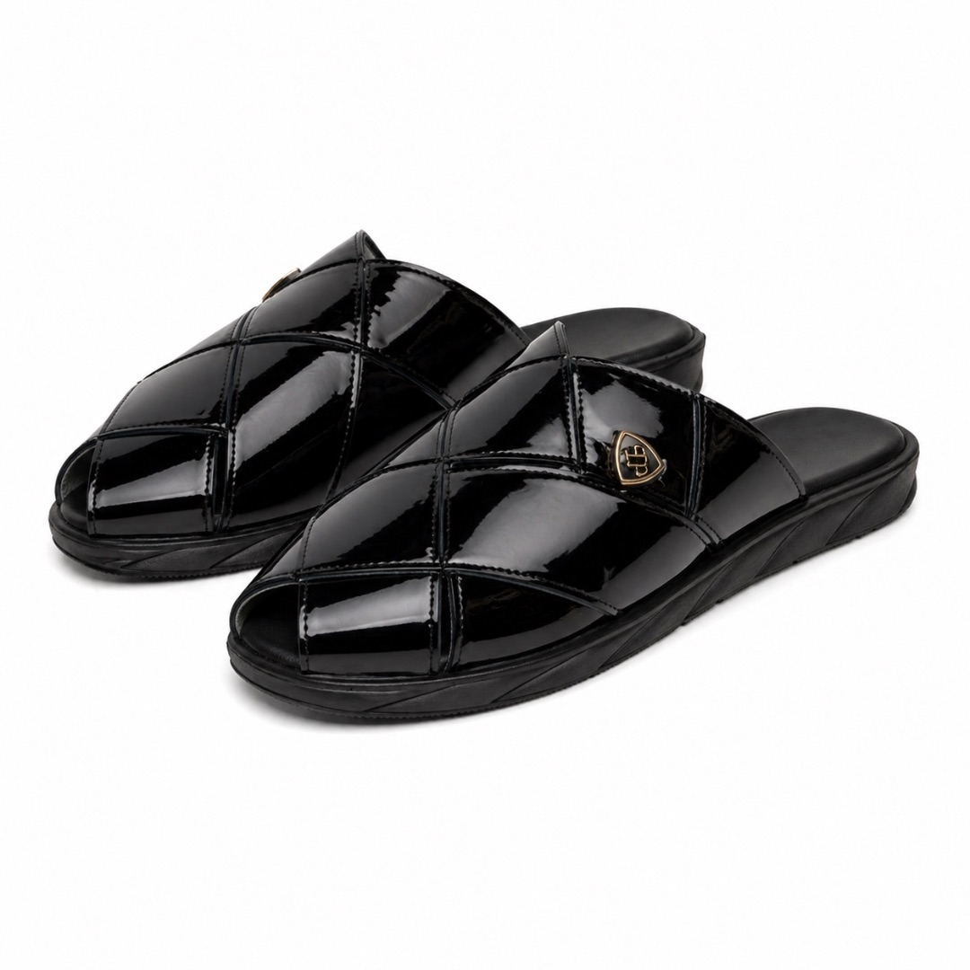Quality Black Quilted Cross Strap Casual Slippers