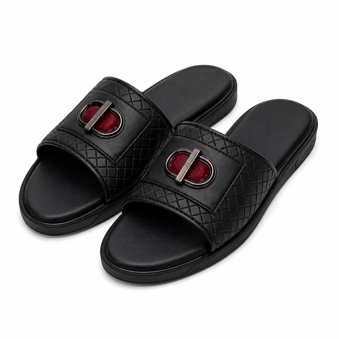 Quality Men Black Textured Strap with Red Accent Casual Slippers