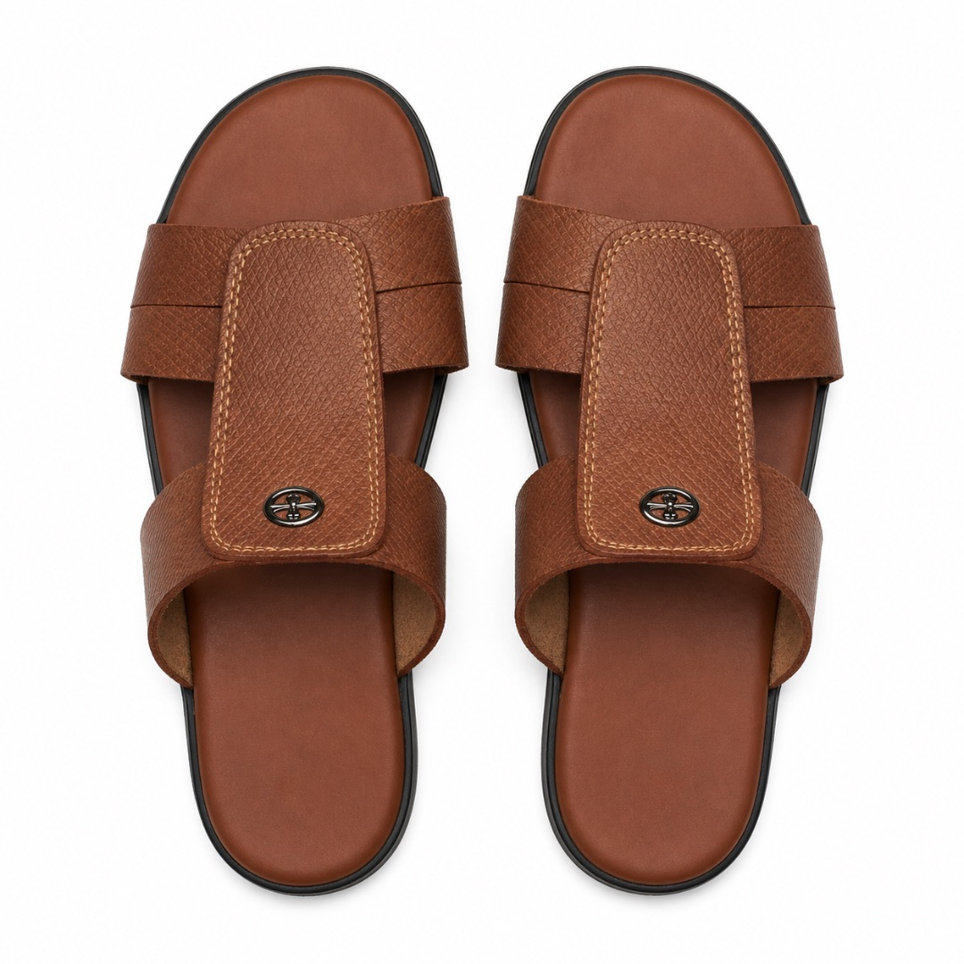 Mens brown Dual Strap Leather Slide Sandals