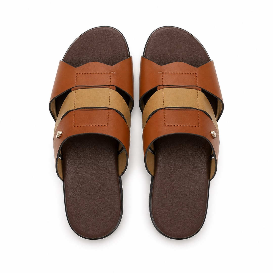 Mens brown Layered Multi Strap Leather Slide Sandals
