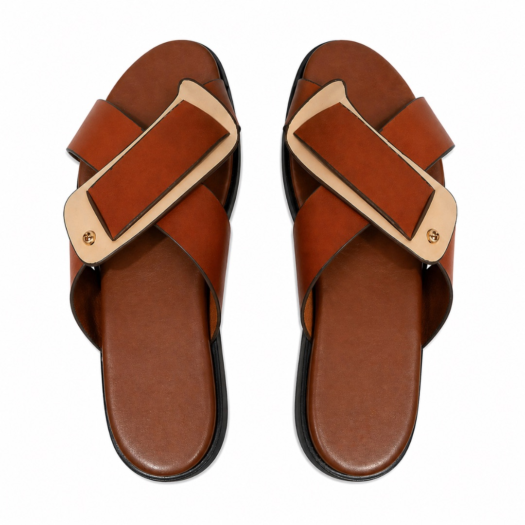 Mens Brown Cross Strap Leather Slide Sandals