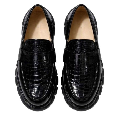Mens Black Croc Texture Patent Leather Loafers with Metal Bit Detail