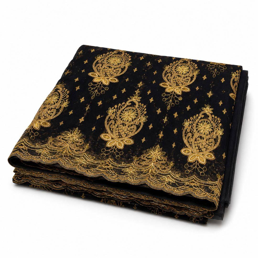 Luxury Black and Gold Embroidered Lace Fabric