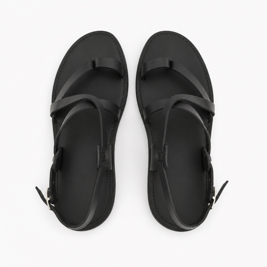 Premium Men  Classic Black Leather Gladiator Sandals with Adjustable Ankle Straps
