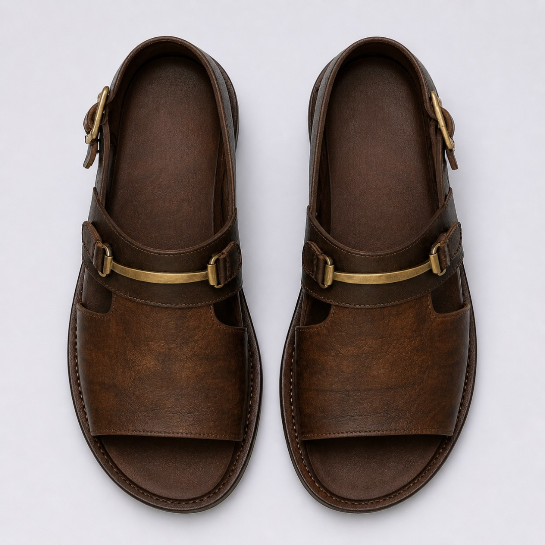 Quality Men Antique Brown Leather Mule Sandal with Minimalist Gold Bar Accent