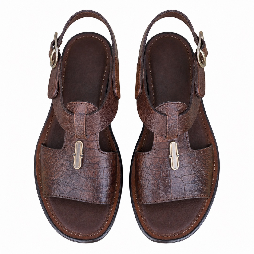 Quality Men Rustic Antique Brown Leather Slingback Sandals with Buckle Strap
