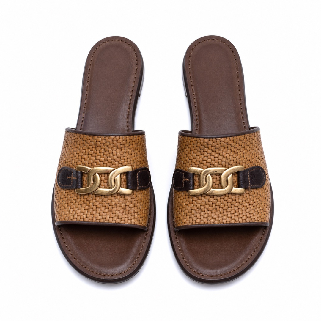 Quality men Handcrafted Woven Leather Slide Sandals with Gold Tone Horsebit Detail