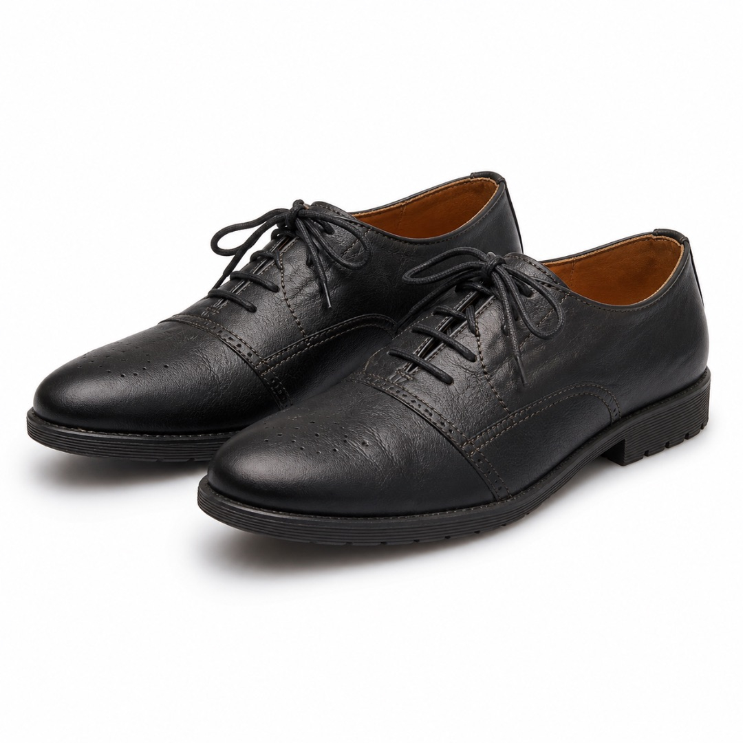 Mens Black Leather Cap Toe Lace up Shoes