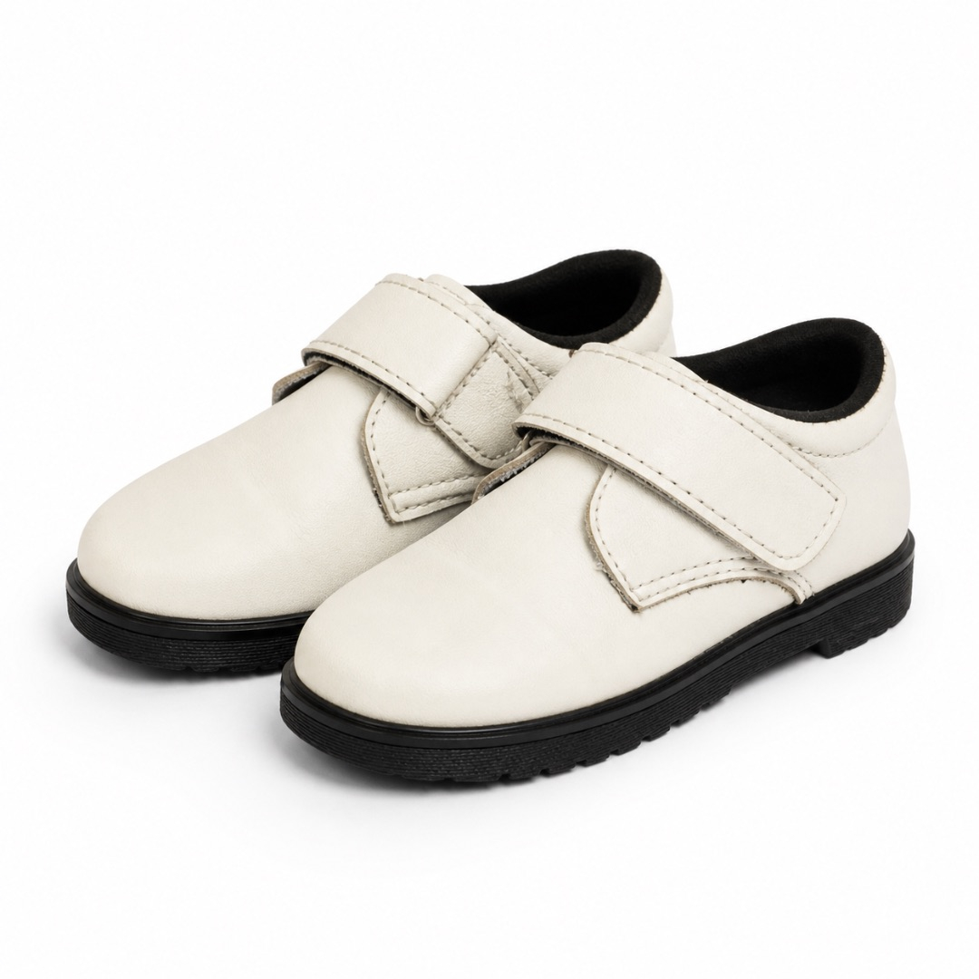 Kids White Leather Hook and Loop Shoes